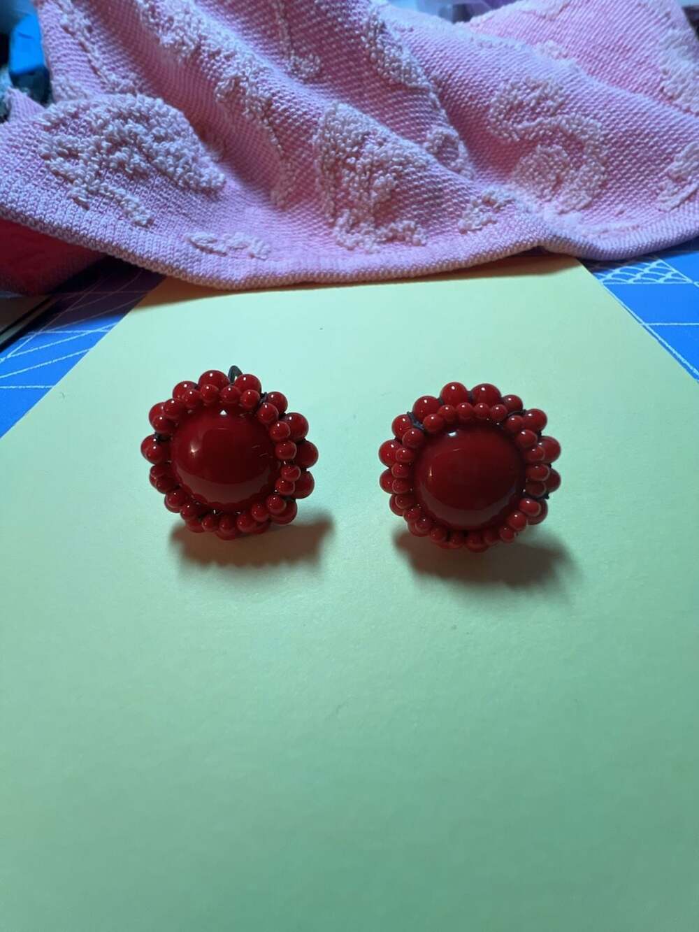 Vintage Japan Red Beaded Cabochon Screw Back Earrings